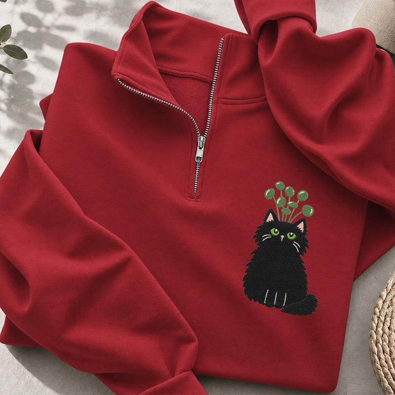 Embroidered Plant Black Cat Classic Quarter Zip Sweatshirt