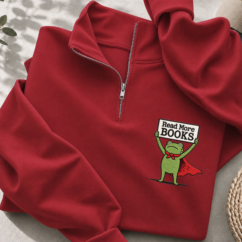 Embroidered Read More Books Frog Classic Quarter Zip Sweatshirt