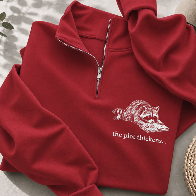 Embroidered The Plot Thickens Reading Raccoon Classic Quarter Zip Sweatshirt