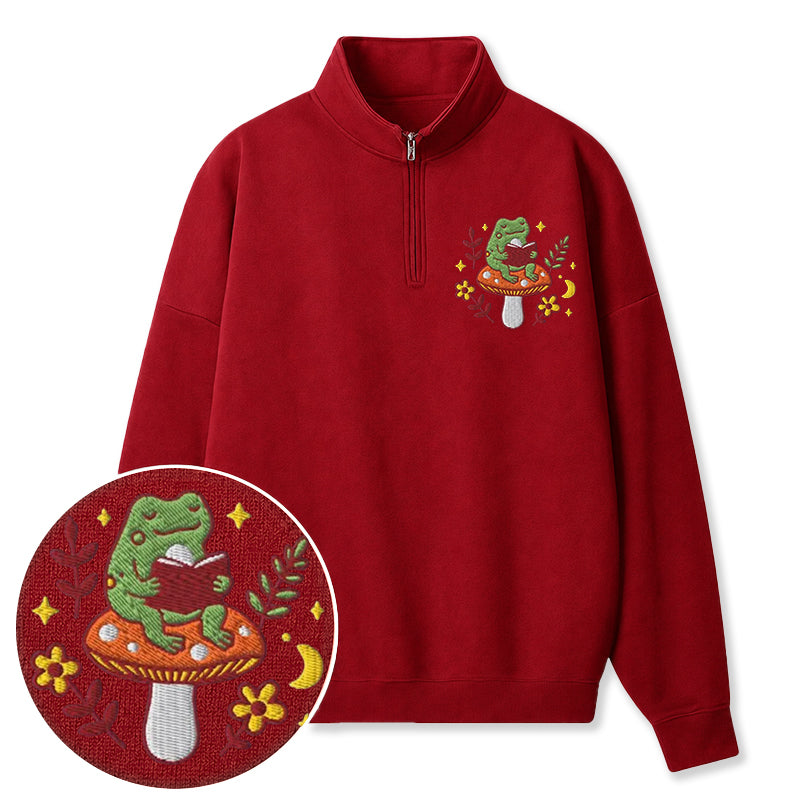 Embroidered Bookish Frog Classic Quarter Zip Sweatshirt