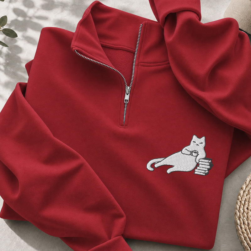 Embroidered Bookish Cat Drinking Coffee Classic Quarter Zip Sweatshirt