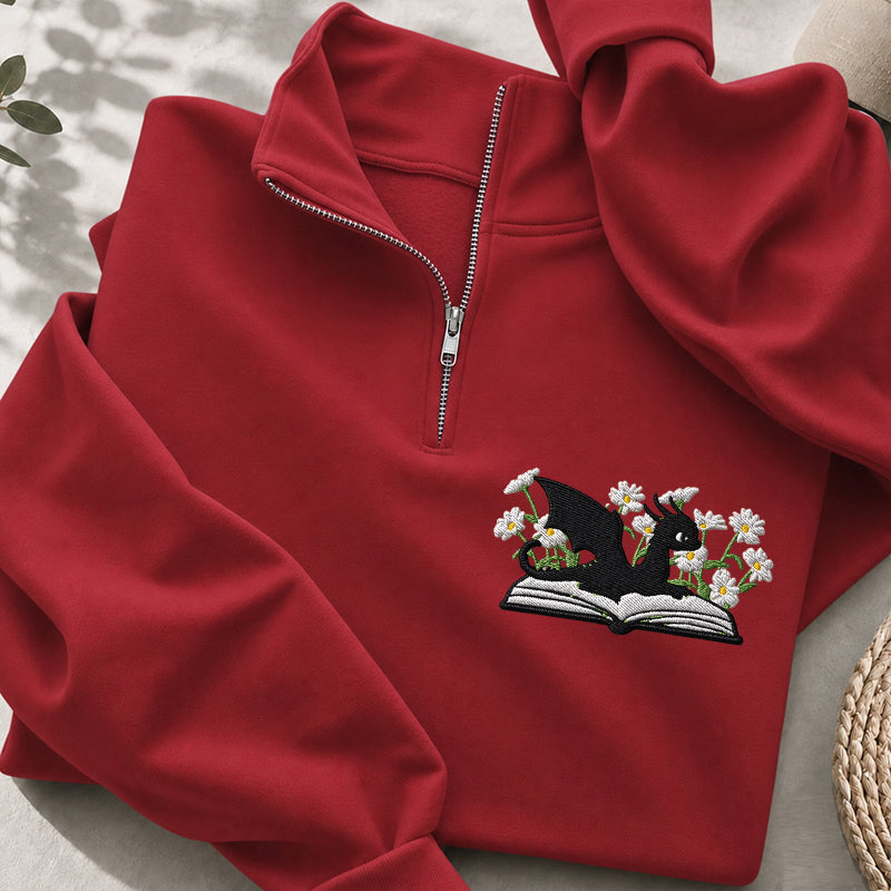 Embroidered Floral Dragon Book Classic Quarter Zip Sweatshirt