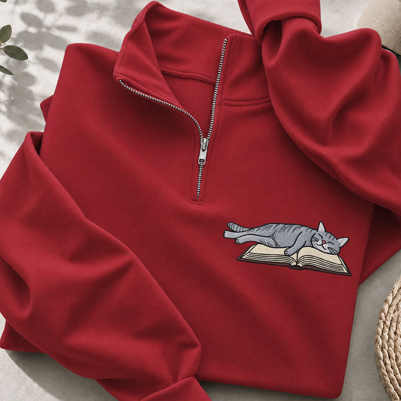 Embroidered Cat Sleeping On The Book Classic Quarter Zip Sweatshirt