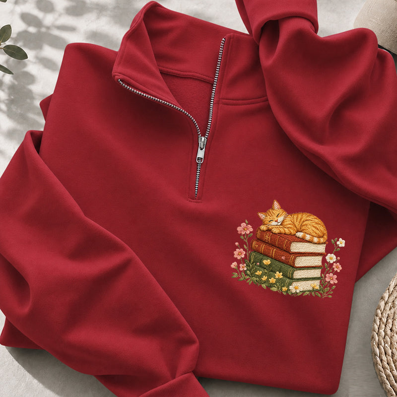 Embroidered Sleeping Cat On Books Classic Quarter Zip Sweatshirt