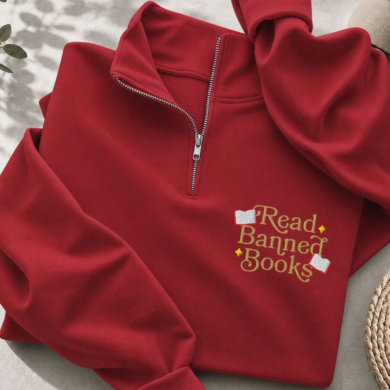 Embroidered Read Banned Books Classic Quarter Zip Sweatshirt