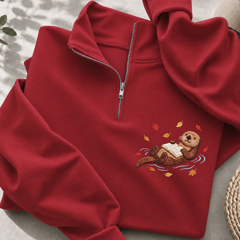 Embroidered Otter Reading Book Classic Quarter Zip Sweatshirt