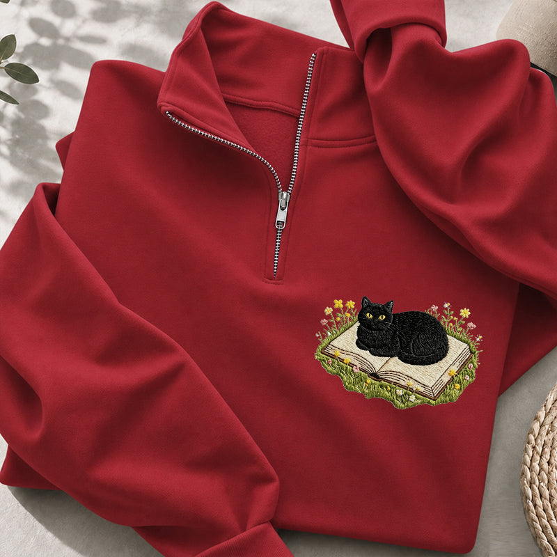 Embroidered Black Cat Book Classic Quarter Zip Sweatshirt