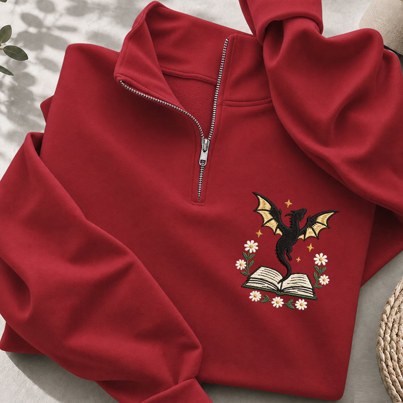 Embroidered Dragon Floral Book Classic Quarter Zip Sweatshirt