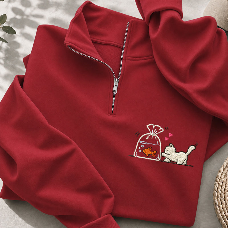 Embroidered Kitten Goldfish Classic Quarter Zip Sweatshirt