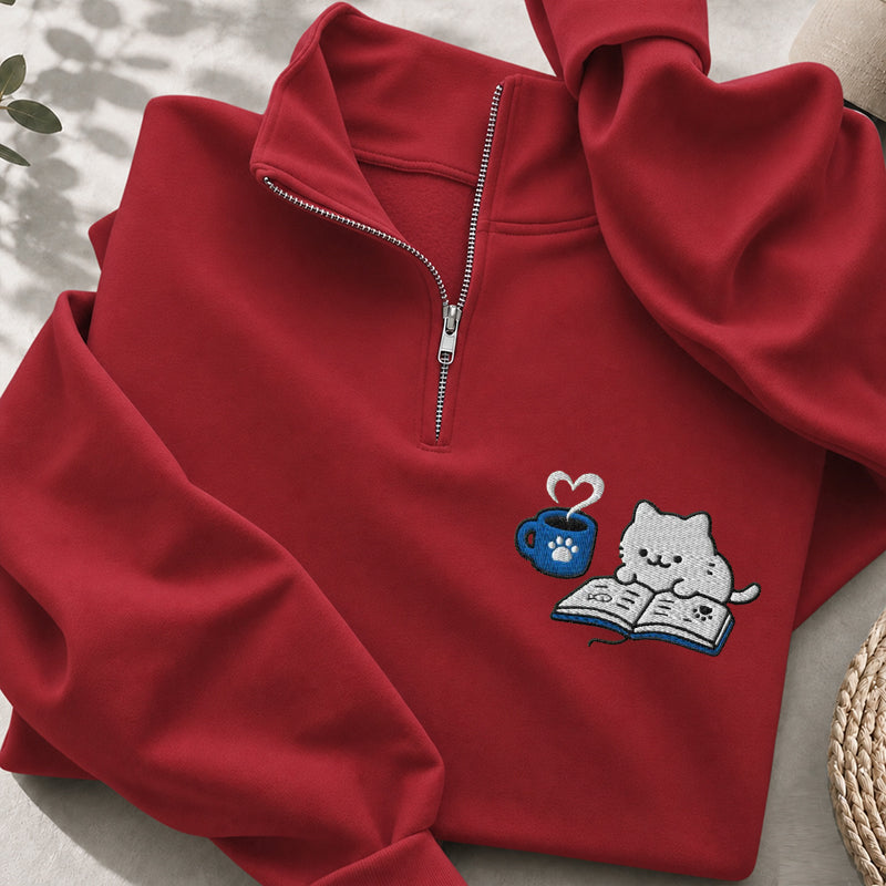 Embroidered Reading Kitten Classic Quarter Zip Sweatshirt