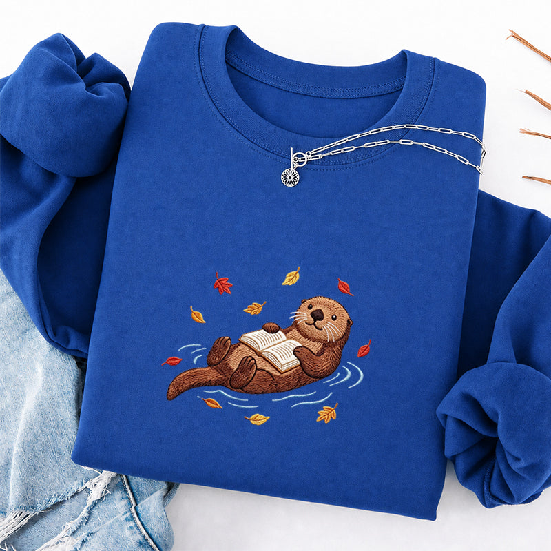 Embroidered Otter Reading Book Classic Crewneck Sweatshirt
