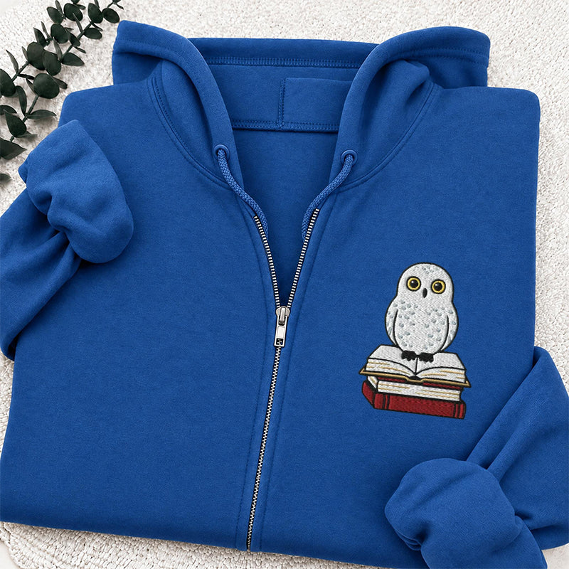 Embroidered Snow Owl On Bookstack Classic Full Zip Hoodie