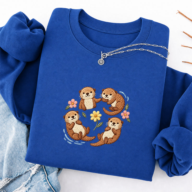 Embroidered Sea Otters And Flowers Classic Crewneck Sweatshirt