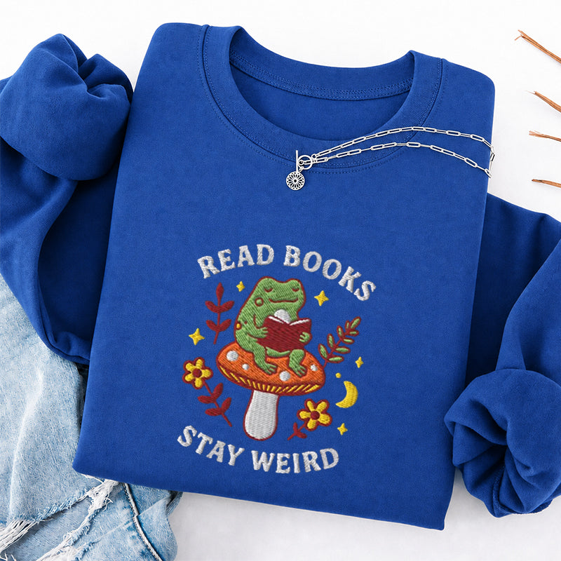 Embroidered Read Books Stay Weird Reading Frog Classic Crewneck Sweatshirt