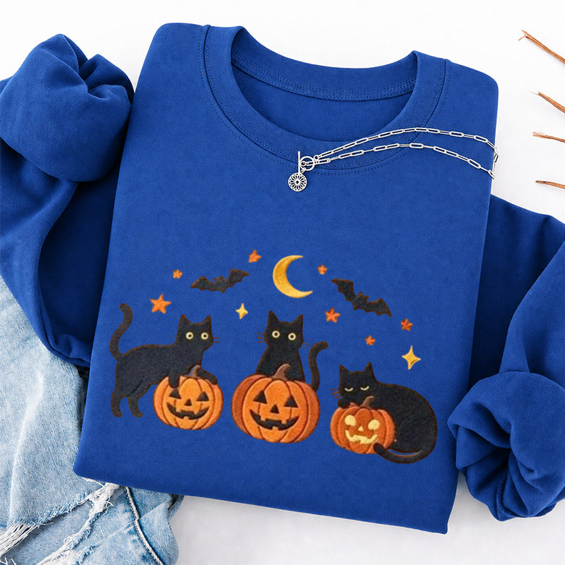 Embroidered Black Cats and Pumpkin Halloween Classic Crewneck Sweatshirts