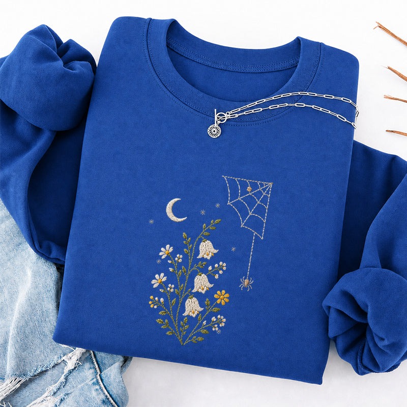 Embroidered Floral Spider Web Classic Crewneck Sweatshirt