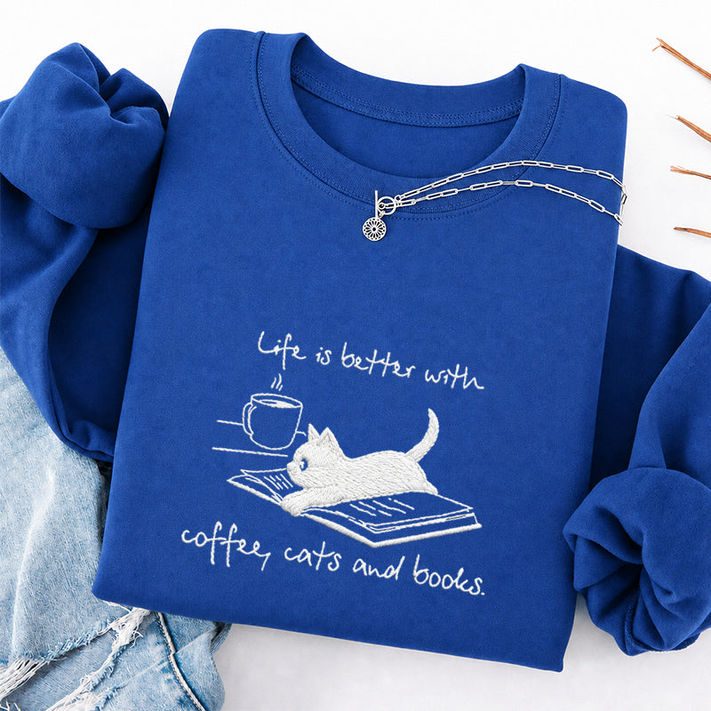 Embroidered Life Is Better With Coffee Book Cat Classic Crewneck Sweatshirt