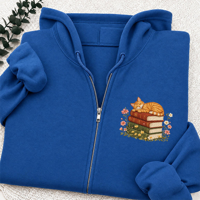 Embroidered Cat Sleeping On Books Classic Full Zip Hoodie