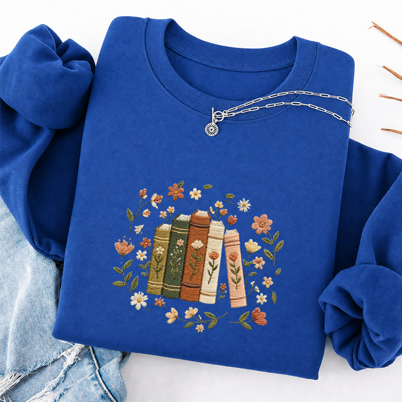 Embroidered Floral Book Stack Classic Crewneck Sweatshirt