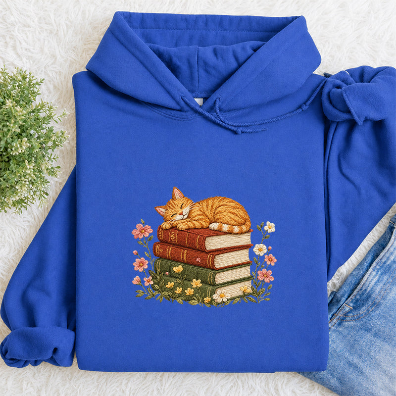 Embroidered Cat Sleeping On Books Classic Adult Unisex Hoodie