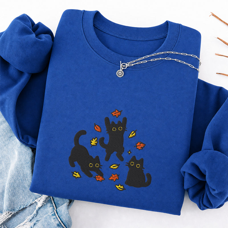 Embroidered Black Cats Fall Leaves Classic Crewneck Sweatshirt