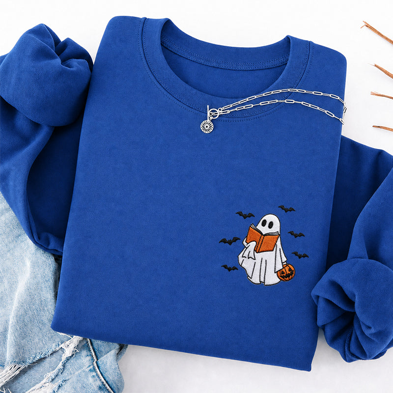 Embroidered Halloween Reading Ghost Classic Crewneck Sweatshirt