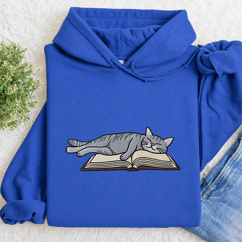 Embroidered Cat Sleeping On Book Classic Adult Unisex Hoodie