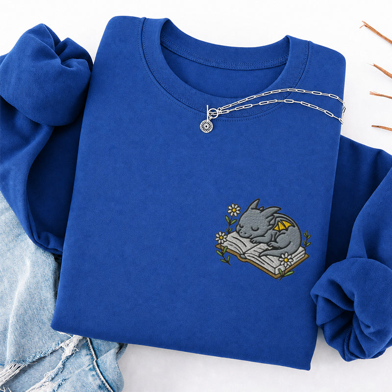 Embroidered Sleeping Dragon Book Classic Crewneck Sweatshirt