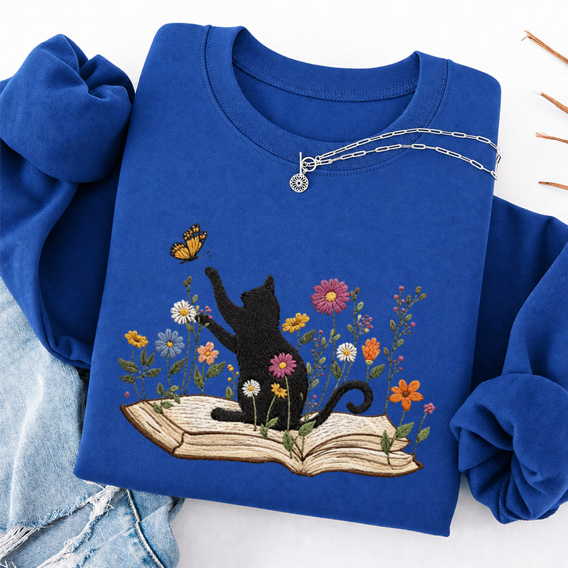 Embroidered Floral Book Cat Classic Crewneck Sweatshirt