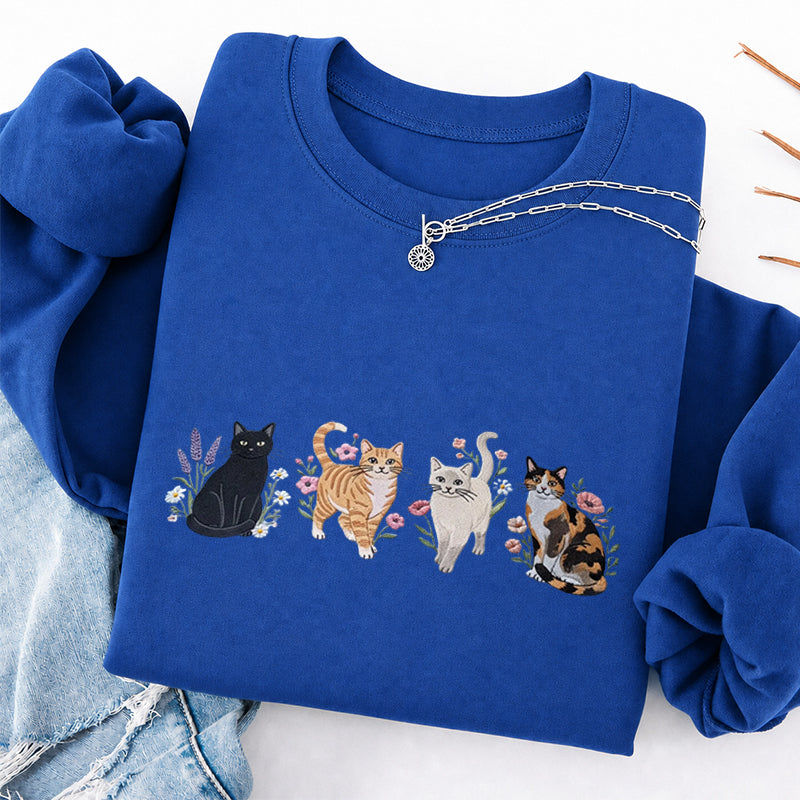 Embroidered Cats And Flowers Classic Crewneck Sweatshirt