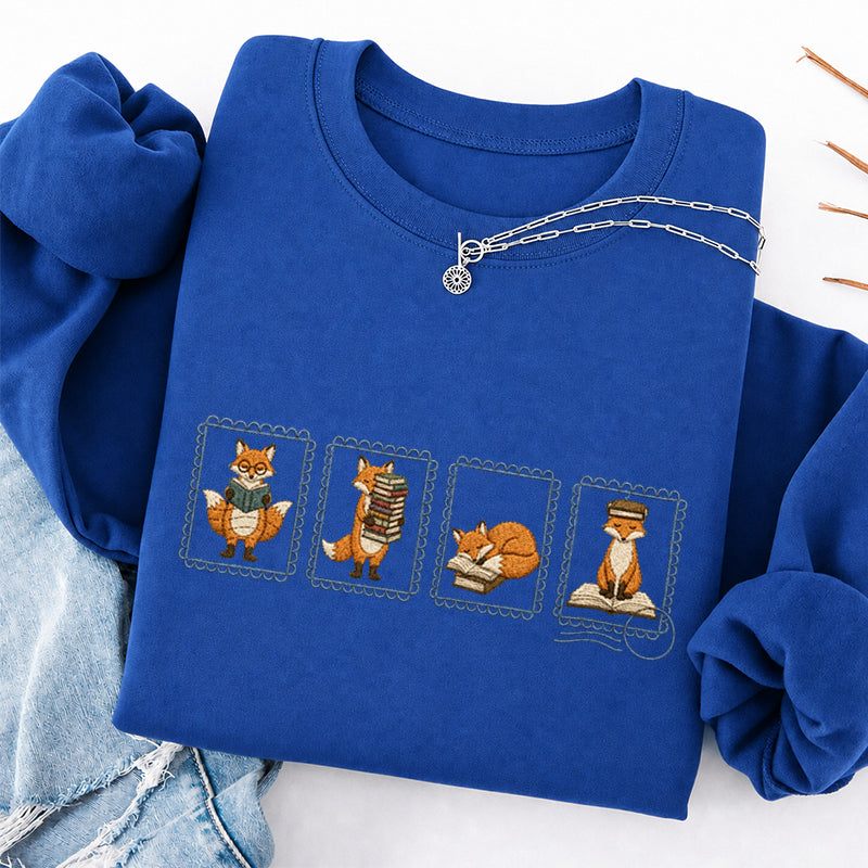 Embroidered Bookish Fox Stamp Classic Crewneck Sweatshirt