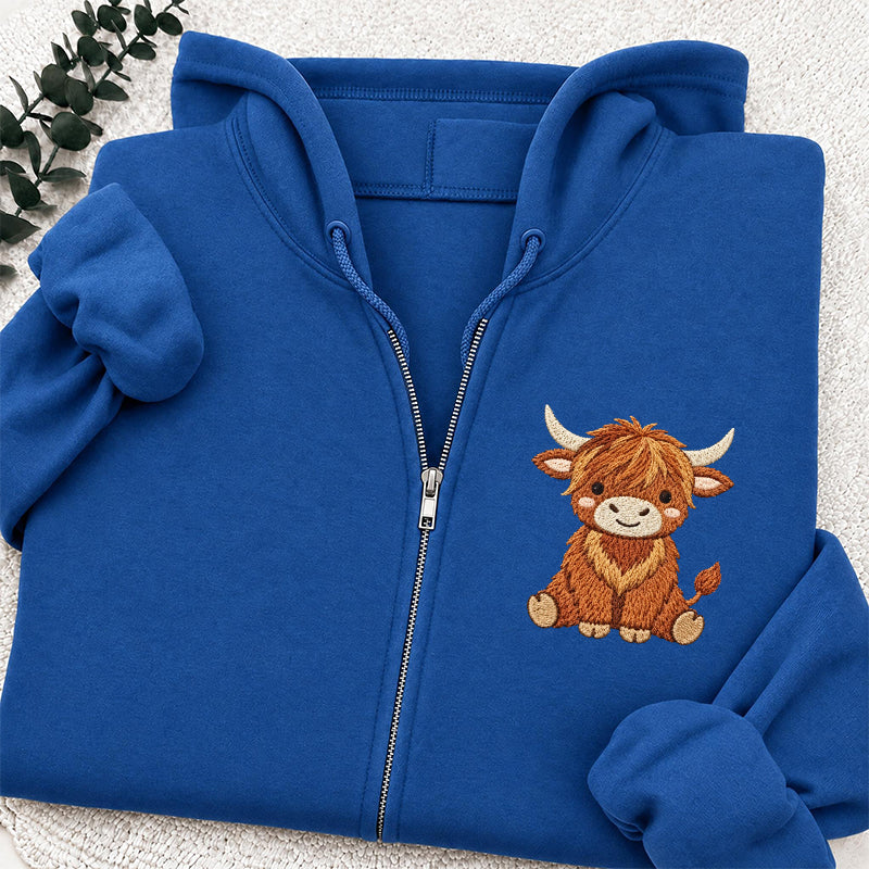 Embroidered Highland Cow Classic Full Zip Hoodie