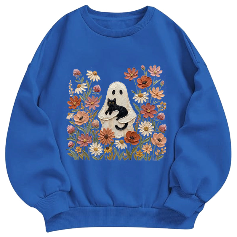 Ghost with Black Cat Floral Classic Adult Unisex Crewneck Sweatshirts