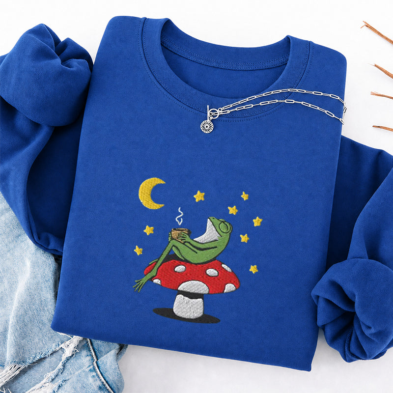 Embroidered Frog Night With Coffee Classic Crewneck Sweatshirt