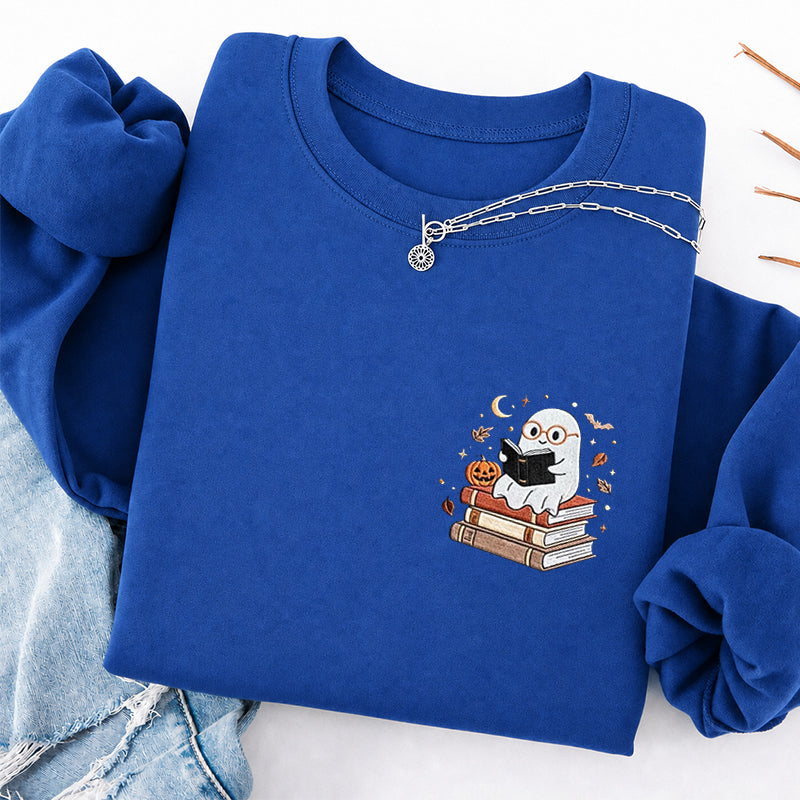 Embroidered Ghost Reading Books Classic Crewneck Sweatshirt