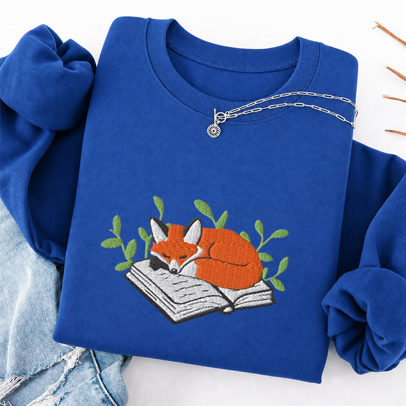 Embroidered Sleeping Fox On The Book Classic Crewneck Sweatshirt