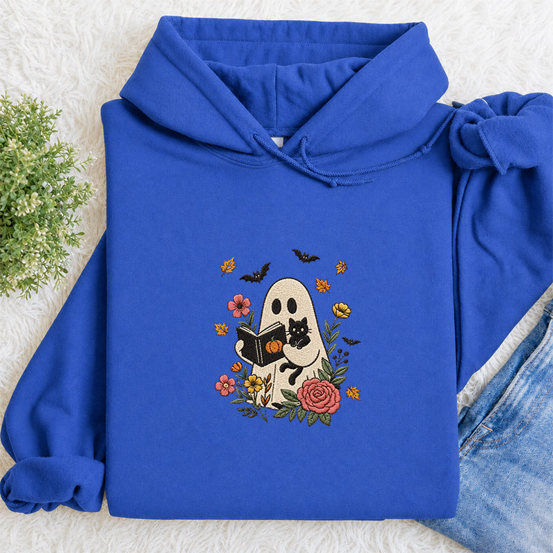 Embroidered Floral Ghost Reading Classic Adult Unisex Hoodie