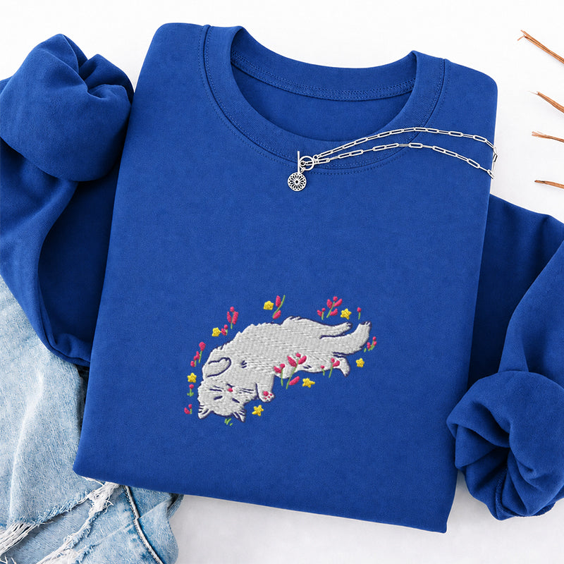 Embroidered Floral Playing Cat Classic Crewneck Sweatshirt