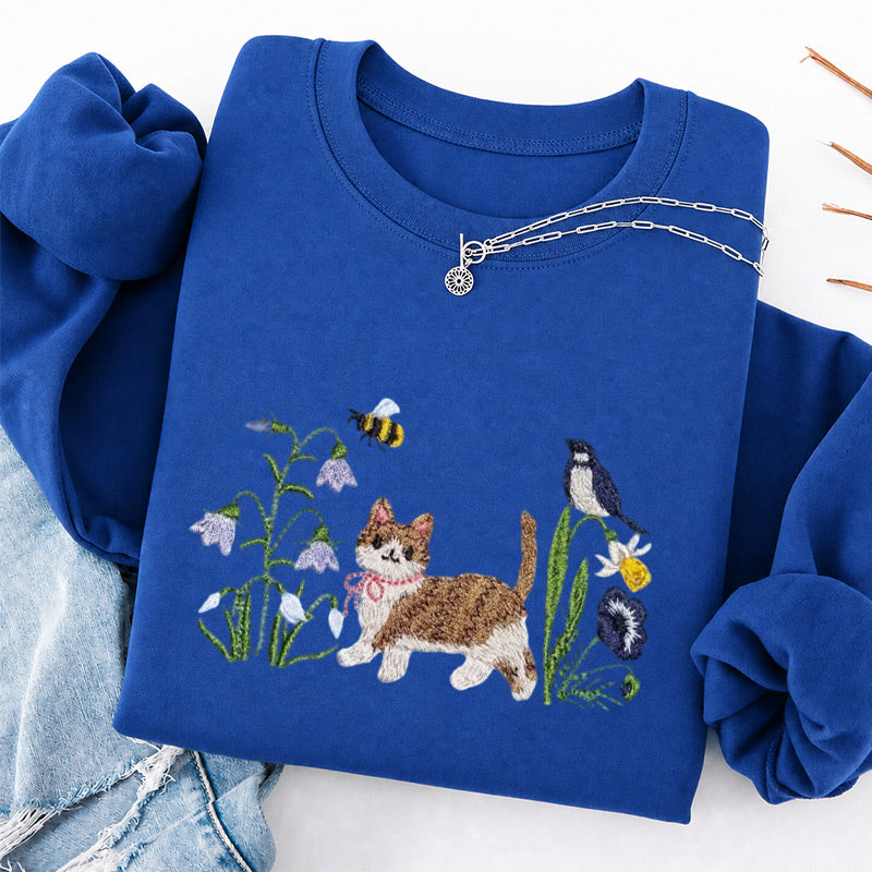 Embroidered Cat Wildflower Classic Crewneck Sweatshirt