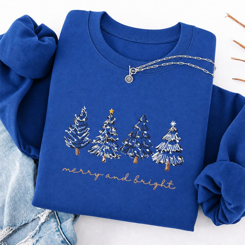 Embroidered Merry & Bright Christmas Tree Classic Crewneck Sweatshirt