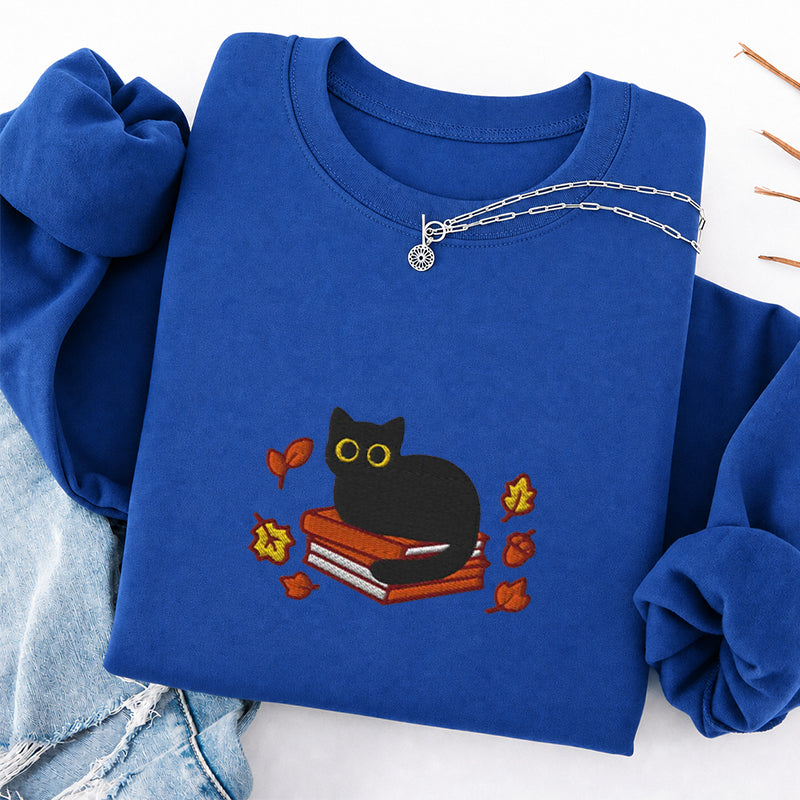 Embroidered Autumn Black Cat Book Classic Crewneck Sweatshirt