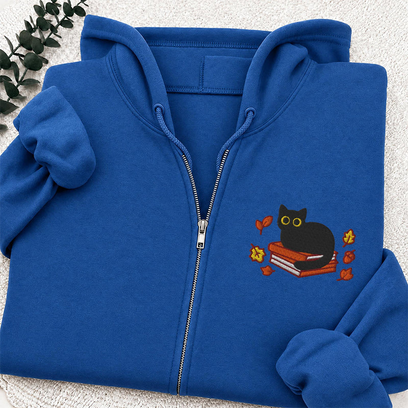 Embroidered Autumn Black Cat Book Classic Adult Unisex Full Zip Hoodie