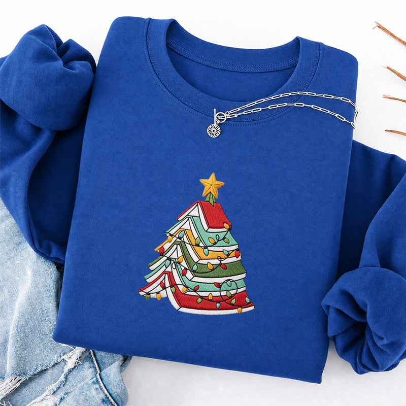Embroidered Book Christmas Tree Classic Crewneck Sweatshirt