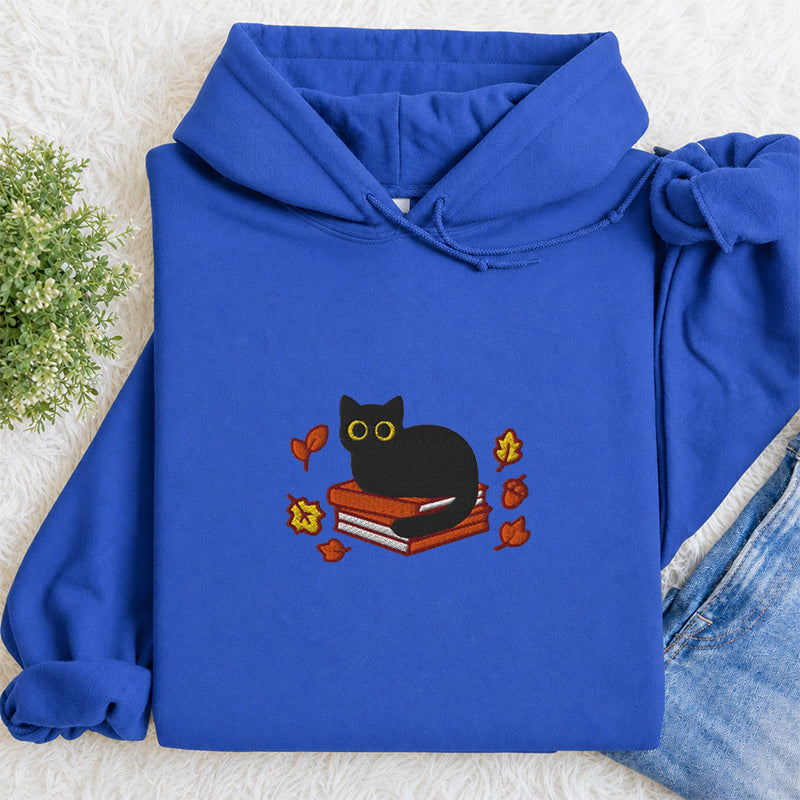 Embroidered Autumn Black Cat Book Classic Adult Unisex Hoodie