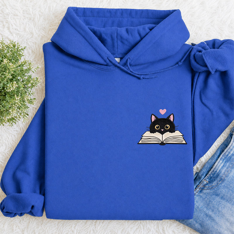 Embroidered Reading Black Cat Classic Adult Unisex Hoodie