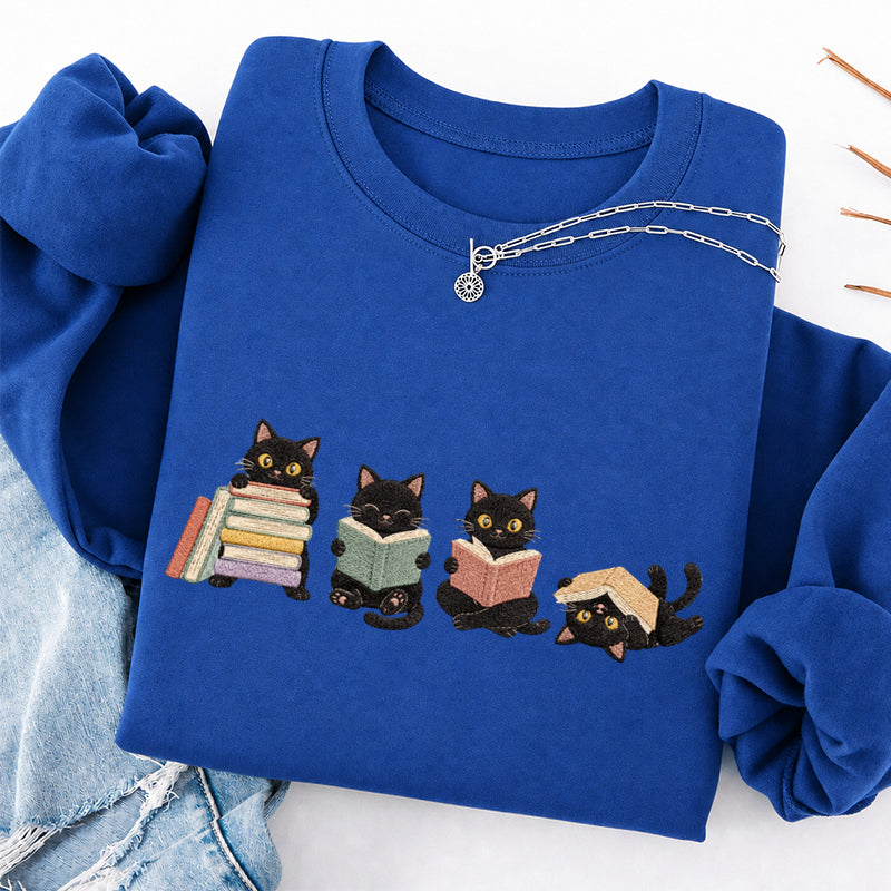 Embroidered Cat Reading Classic Crewneck Sweatshirt