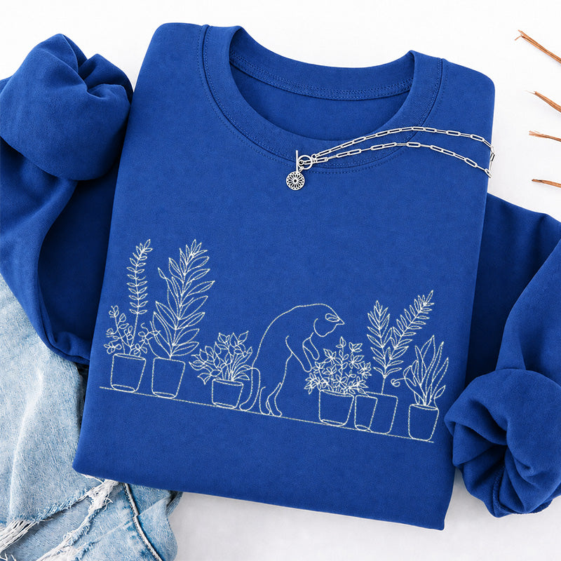 Embroidered Cat and Plant Lover Classic Crewneck Sweatshirt