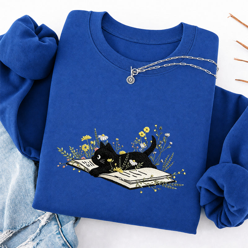 Embroidered Floral Book Cat Classic Crewneck Sweatshirt