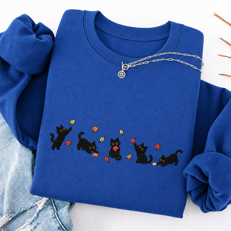 Embroidered Autumn Leaves Black Cats Classic Crewneck Sweatshirt
