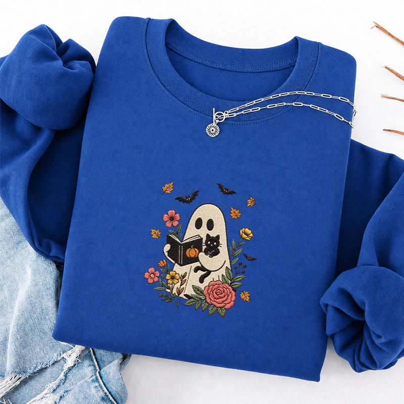 Embroidered Floral Ghost Reading Classic Crewneck Sweatshirt